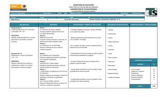 SECRETARÍA DE EDUCACIÓN
                                                                                              DIRECCIÓN DE EDUCACIÓN SECUNDARIA
                                                                                               SUBDIRECCIÓN DE TELESECUNDARIA
                                                                                                 PLANEACIÓN DE BLOQUE BASICO
ESCUELA TELESECUNDARIA:                        CLAVE SEGÚN C.T.           SECTOR       ZONA    NOMBRE DEL DOCENTE:                                                                    GRADO/GRUPO     PERIODO ESCOLAR

                                                                                                                                                                                          IA
MATERIA:                                  BLOQUE                                               TIEMPO                           EJE

Matematicas I                                          2                               45 minutos cada sesión                     Sentido numérico y pensamiento algebraico (8 - 9)



               SECUENCIAS                                   SESIONES                                 ACTIVIDADES Y TEMAS DE REFLEXION                          RECURSOS TECNOLOGICOS                OBSERVACIONES Y ADECUACIONES

Secuencia No. 9                           Sesión 1
Problemas aditivos de núm. Fracionarios   EL FESTIVAL DE FIN DE CURSOS                         * Contestar el diagrama de la guia y resolver problemas        * Televisor
y decimales (106 - 107).                  Resolver problemas aditivos de fracciones            en el cuaderno de trabajo.
                                          con distinto denominador.                                                                                           * Enciclomedia
PROPOSITO                                 Sesión 2
Resolver problemas aditivos con números   MARCAS ATLETICAS                                     * Resolver problemas de resta de fracciones en la guia         * Internet
fraccionarios y decimales en distintos    Comparar números decimales y fracciones con          y en el cuaderno de trabajo.
contextos.                                distinto denominador mediante la resta.                                                                             * Videos interactivos
                                          Sesión 3
                                          LOS PRECIOS DE LA CAFETERIA                          * En el cuaderno de trabajo resolver problemas tanto de        * Encarta
                                          Resolver problemas de suma y resta de                fracciones como de decimales.
                                          números decimales.                                                                                                  * Cartulinas


Secuencia No. 10                          Sesion 1                                             * Complemaentar en la guia de trabajo en base al analisis      * Tijeras
Multiplicación y division de fracciones   DE COMPRAS EN EL MERCADO                             de la actividad consideremos lo siguiente.
(118 - 119).                              Resolver problemas que implican a la fracción                                                                       * Hojas en blanco
                                          como operador multiplicativo.
                                                                                                                                                                                                           CRITERIO DE EVALUACION
PROPOSITO                                 Sesión 2                                             * En base al analisis de las figuras complemantar el           * Papel bond
Resolver problemas que impliquen la       SUPERFICIES Y FRACCIONES                             trabajo en la guia de trabajo.
                                                                                                                                                                                                              CRITERIO               %
multiplicación y división con números     Multiplicar números fraccionarios a partir del                                                                      * Marcadores
fraccionarios en distintos contextos.     cálculo del área de varias figuras.
                                          Sesión 3                                             * Complementar las tablas de la guia de trabajo en base        * Guia de trabajo                     Guia de trabajo                  25
                                          ¿COMO SERIA LAS MARCAS ATLETICAS EN                  al analisis de los temas anteriores.                                                                 Trabajo en el cuaderno           15
                                          EL ESPACIO?                                                                                                         * Biblioteca escolar                  Participacion                    10
                                          Resolver problemas que impliquen la división de                                                                                                           Examen institucional             20
                                          fracciones e interpretar sus significados.                                                                          * Cuaderno de trabajo                 Examenes parciales               25
                                          Sesión 4                                             * Complementar las tablas de la guia de trabajo en base                                              Comportamiento                   5
                                          HAY TELA DE DONDE CORTAR                             al analisis de los temas anteriores.
                                          Resolver probleas que implican una división de
                                          fracciones y analizar los resultados.
                                                                                                                                                                                                                TOTAL               100%
 