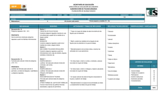 SECRETARÍA DE EDUCACIÓN
                                                                                                         DIRECCIÓN DE EDUCACIÓN SECUNDARIA
                                                                                                          SUBDIRECCIÓN DE TELESECUNDARIA
                                                                                                            PLANEACIÓN DE BLOQUE BASICO

ESCUELA TELESECUNDARIA:                                 CLAVE SEGÚN C.T.           SECTOR         ZONA    NOMBRE DEL DOCENTE:                                                                      GRADO/GRUPO     PERIODO ESCOLAR

                                                                                                                                                                                                       IA
MATERIA:                                           BLOQUE                                                 TIEMPO                             EJE

Matematicas I                                                   2                                 45 minutos cada sesión                       Forma espacio y medida (13 - 14).



               SECUENCIAS                                            SESIONES                                   ACTIVIDADES Y TEMAS DE REFLEXION                            RECURSOS TECNOLOGICOS                OBSERVACIONES Y ADECUACIONES

Secuencia No. 13                                   Sesion 1
Poligonos regulares (160 - 161)                    TARJETAS DE FELICITACION                               * Trazar en la guia de trabajo los ejes de simetría de las       * Televisor
                                                   Construir poligonos regulares inscritos en una         figuras que se presentan.
PROPOSITO                                          circunferencias a apartir de la medida de su                                                                            * Enciclomedia
Que los alumnos construyan poligonos               ángulo central.
regulares a partir de distintas informaciones.     Sesión 2                                                                                                                * Internet
                                                   MOSAICOS                                               * Medir y anotar las medidas de los ángulos de las
                                                   Construir poligonos regulares a partir de la           figuras que se presentan en la guia de trabajo.                  * Videos interactivos
                                                   medida de su lado y ángulo interior.
                                                   Sesión 3                                                                                                                * Encarta
                                                   MAS SOBRE POLIGONOS REGULARES                          * Retroalimentacion de los temas vistos y resolver las
                                                   Construir poligonos regulares a partir de              actividaes de lo que aprendimos.                                 * Cartulinas
                                                   informaciones como: ejes de simetría, ángulos
                                                   centrales e interiores, etc.                                                                                            * Tijeras


Secuencia No. 14                                   Sesion 1                                                                                                                * Hojas en blanco
Formulas para calcular el área de poligonos        ROMPECABEZAS 1                                         * En binas trazar y medir un rombo y romboide y calcular
                                                                                                                                                                                                                        CRITERIO DE EVALUACION
(170 -171)                                         Justificar formulas para calcular el área del          sus areas en la guia de trabajo.                                 * Papel bond
                                                   rombiode y del rombo.
                                                                                                                                                                                                                           CRITERIO               %
PROPOSITO                                          Sesión 2                                                                                                                * Marcadores
Justificar las fórmulas para calcular el           ROMPECABEZAS 2                                         * En binas trazar y medir un triángulo y trapecio calculando
perímetro y el área de triángulos, cuadriláteros   Justificar formulas para calcular el área del          sus areas en la guia de trabajo.                                 * Guia de trabajo                     Guia de trabajo                  25
y polígonos regulares.                             triángulo y del trapecio                                                                                                                                      Trabajo en el cuaderno           15
                                                   Sesión 3                                                                                                                * Biblioteca escolar                  Participacion                    10
                                                   DESCOMPOSICION DE FIGURAS                              * En equipo calcular las areas de figuras compuestas en                                                Examen institucional             20
                                                   Fórmulas para calcular áreas de poligonos.             la guia y cuaderno de trabajo.                                   * Cuaderno de trabajo                 Examenes parciales               25
                                                   Sesión 4                                                                                                                                                      Comportamiento                   5
                                                   OTRAS FORMAS DE JUSTIFICAR FORMULAS.                   * Retroalimentacion en equipo de las actividades ya vistas
                                                   Conocer otras formas de justificar fórmulas            y complementar lsa tablas del guia de trabajo.
                                                   estudiasdas y algunas de perimetros.
                                                                                                                                                                                                                             TOTAL               100%
 
