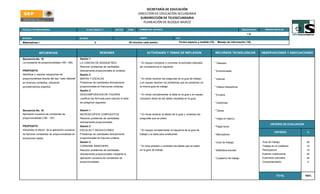 SECRETARÍA DE EDUCACIÓN
                                                                                                            DIRECCIÓN DE EDUCACIÓN SECUNDARIA
                                                                                                             SUBDIRECCIÓN DE TELESECUNDARIA
                                                                                                               PLANEACIÓN DE BLOQUE BASICO

ESCUELA TELESECUNDARIA:                                   CLAVE SEGÚN C.T.           SECTOR      ZONA        NOMBRE DEL DOCENTE:                                                                       GRADO/GRUPO     PERIODO ESCOLAR

                                                                                                                                                                                                           IA
MATERIA:                                             BLOQUE                                                  TIEMPO                            EJE

Matematicas I                                                     2                                  45 minutos cada sesión                         Forma espacio y medida (15).    Manejo de información (16).



               SECUENCIAS                                              SESIONES                                    ACTIVIDADES Y TEMAS DE REFLEXION                                RECURSOS TECNOLOGICOS             OBSERVACIONES Y ADECUACIONES

Secuencia No. 15                                     Sesión 1
La constante de proporcionalidad (184 -185)          LA CANCHA DE BASQUETBOL                                 * En equipo comparar y comentar la actividad realizada            * Televisor
                                                     Resolver problemas de cantidades                        de consideremos lo siguiente.
PROPOSITO                                            directamente proporcionales al contexto.                                                                                  * Enciclomedia
Identificar y resolver situaciones de                Sesión 2
proporcionalidad directa del tipo "valor faltante"   MAPAS Y ESCALAS                                         * En binas resolver las preguntas de la guia de trabajo           * Internet
en diversos contextos, utilizando                    Problemas de cantidades directamente                    y en equipo resolver los problemas que se presentan en
procedimientos expertos.                             proporcionales en fracciones unitarias.                 la misma guia de trabajo.                                         * Videos interactivos
                                                     Sesión 3
                                                     DESCOMPOSICION DE FIGURAS                               * En binas complementar la tabla en la guia y en equipo           * Encarta
                                                     Justificar las fórmulas para calcular el área           comparar datos de las tablas resuletas en la guia.
                                                     de poligonos regulares.                                                                                                   * Cartulinas


Secuencia No. 16                                     Sesión 1                                                                                                                  * Tijeras
Aplicación sucesiva de constantes de                 MICROSCOPIOS COMPUESTOS                                 * En binas analizar la tablas de la guia y contestar las
proporcionalidad (196 - 197)                         Resolver problemas de cantidades                        pregunats que se piden.                                           * Hojas en blanco
                                                     directamente proporcionales.
                                                                                                                                                                                                                            CRITERIO DE EVALUACION
PROPOSITO                                            Sesión 2                                                                                                                  * Papel bond
Interpretar el efecto de la aplicación sucesiva      ESCALAS Y REDUCCIONES                                   * En equipo complemantar el esquema de la guia de
                                                                                                                                                                                                                               CRITERIO               %
de factores constantes de proporcionalidad en        Problemas de cantidades directamente                    trabajo y la tabla para analizarlas.                              * Marcadores
situaciones dadas.                                   proporcionales en fraccion unitaria.
                                                     Sesión 3                                                                                                                  * Guia de trabajo                     Guia de trabajo                  25
                                                     CONSOME RANCHERO                                        * En bina analizar y contestar las tablas que se piden                                                  Trabajo en el cuaderno           15
                                                     Resolver problemas de cantidades                        en la guia de trabajo.                                            * Biblioteca escolar                  Participacion                    10
                                                     directamente proporcionales mediante la                                                                                                                         Examen institucional             20
                                                     aplicación sucesiva de constantes de                                                                                      * Cuaderno de trabajo                 Examenes parciales               25
                                                     proporcionalidad.                                                                                                                                               Comportamiento                   5




                                                                                                                                                                                                                                 TOTAL               100%
 