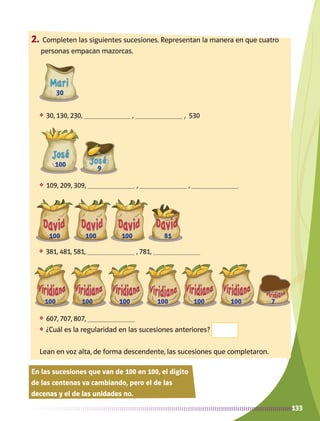 30
100
100
100 100 100 100 100 100 7
100 100
9
81
133
2.	Completen las siguientes sucesiones. Representan la manera en que cuatro
personas empacan mazorcas.
❖	 30, 130, 230, 			 , , 530
En las sucesiones que van de 100 en 100, el dígito
de las centenas va cambiando, pero el de las
decenas y el de las unidades no.
❖	 109, 209, 309, , ,
❖	 381, 481, 581, , 781,
❖	 607, 707, 807,
❖	 ¿Cuál es la regularidad en las sucesiones anteriores?
Lean en voz alta, de forma descendente, las sucesiones que completaron.
AB-MATE-2-P-082-152m.indd 133 20/03/13 11:25
 