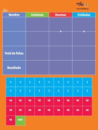Nombre Centenas Decenas Unidades
Total de fichas
Resultado
1
1
10
10
10
1
1
10
10
1
1
10
10
1
1
10
10
100
1
1
10
10
1
1
10
10
1
1
10
10
1
1
10
10
1
1
10
10
+ +
8
DE LA PÁGINA 92
AB-MATE-2-P-153-176.indd 157 08/04/13 13:19
 