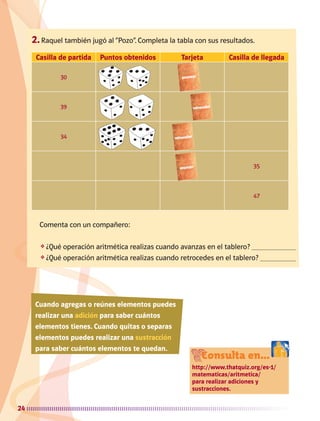 24
2.	Raquel también jugó al “Pozo”. Completa la tabla con sus resultados.
Casilla de partida Puntos obtenidos Tarjeta Casilla de llegada
30
39
34
35
47
Comenta con un compañero:
❖	¿Qué operación aritmética realizas cuando avanzas en el tablero? 
❖	¿Qué operación aritmética realizas cuando retrocedes en el tablero? 
Cuando agregas o reúnes elementos puedes
realizar una adición para saber cuántos
elementos tienes. Cuando quitas o separas
elementos puedes realizar una sustracción
para saber cuántos elementos te quedan.
Consulta en...
http://www.thatquiz.org/es-1/
matematicas/aritmetica/
para realizar adiciones y
sustracciones.
retroceder
retroceder
avanzar
avanzar
AB-MATE-2-P-001-081m.indd 24 20/03/13 11:21
 