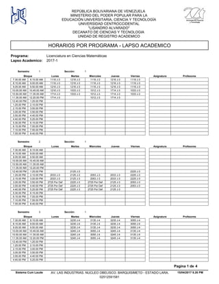 HORARIOS POR PROGRAMA - LAPSO ACADEMICO
Programa: Licenciatura en Ciencias Matemáticas
Lapso Academico: 2017-1
REPÚBLICA BOLIVARIANA DE VENEZUELA
MINISTERIO DEL PODER POPULAR PARA LA
EDUCACIÓN UNIVERSITARIA, CIENCIA Y TECNOLOGÍA
UNIVERSIDAD CENTROCCIDENTAL
"LISANDRO ALVARADO"
DECANATO DE CIENCIAS Y TECNOLOGIA
UNIDAD DE REGISTRO ACADEMICO
Lunes Miercoles Jueves ViernesMartesBloque ProfesoresAsignatura
Semestre: 1 Sección: 1
1216 J-3 1116 J-3 1216 J-3 1116 J-37.30.00 AM 1116 J-38.15.00 AM
1216 J-3 1116 J-3 1216 J-3 1116 J-38.15.00 AM 1116 J-39.00.00 AM
1216 J-3 1116 J-3 1216 J-3 1116 J-39.05.00 AM 1216 J-39.50.00 AM
1033 J-3 1012 J-3 1714 J-3 1033 J-310.00.00 AM 1216 J-310.45.00 AM
1033 J-3 1012 J-3 1714 J-3 1033 J-310.50.00 AM 1714 J-311.35.00 AM
1012 J-3 1714 J-311.35.00 AM 1714 J-312.20.00 PM
12.40.00 PM 1.25.00 PM
1.25.00 PM 2.10.00 PM
2.15.00 PM 3.00.00 PM
3.05.00 PM 3.50.00 PM
3.55.00 PM 4.40.00 PM
4.40.00 PM 5.25.00 PM
5.30.00 PM 6.15.00 PM
6.15.00 PM 7.00.00 PM
7.10.00 PM 7.55.00 PM
7.55.00 PM 8.40.00 PM
Lunes Miercoles Jueves ViernesMartesBloque ProfesoresAsignatura
Semestre: 2 Sección: 1
7.30.00 AM 8.15.00 AM
8.15.00 AM 9.00.00 AM
9.05.00 AM 9.50.00 AM
10.00.00 AM 10.45.00 AM
10.50.00 AM 11.35.00 AM
11.35.00 AM 12.20.00 PM
2125 J-3 2225 J-312.40.00 PM 1.25.00 PM
2125 J-3 2053 J-3 2033 J-3 2225 J-31.25.00 PM 2033 J-32.10.00 PM
2125 J-3 2053 J-3 2033 J-3 2225 J-32.15.00 PM 2033 J-33.00.00 PM
2225 J-3 2725 Por Def 2125 J-3 2053 J-33.05.00 PM 2725 Por Def3.50.00 PM
2225 J-3 2725 Por Def 2125 J-3 2053 J-33.55.00 PM 2725 Por Def4.40.00 PM
2225 J-3 2725 Por Def 2125 J-34.40.00 PM 2725 Por Def5.25.00 PM
5.30.00 PM 6.15.00 PM
6.15.00 PM 7.00.00 PM
7.10.00 PM 7.55.00 PM
7.55.00 PM 8.40.00 PM
Lunes Miercoles Jueves ViernesMartesBloque ProfesoresAsignatura
Semestre: 3 Sección: 1
3235 J-4 3135 J-4 3235 J-4 3055 J-47.30.00 AM 8.15.00 AM
3235 J-4 3135 J-4 3235 J-4 3055 J-48.15.00 AM 9.00.00 AM
3235 J-4 3135 J-4 3235 J-4 3055 J-49.05.00 AM 9.50.00 AM
3245 J-4 3055 J-4 3245 J-4 3135 J-410.00.00 AM 10.45.00 AM
3245 J-4 3055 J-4 3245 J-4 3135 J-410.50.00 AM 11.35.00 AM
3245 J-4 3055 J-4 3245 J-4 3135 J-411.35.00 AM 12.20.00 PM
12.40.00 PM 1.25.00 PM
1.25.00 PM 2.10.00 PM
2.15.00 PM 3.00.00 PM
3.05.00 PM 3.50.00 PM
3.55.00 PM 4.40.00 PM
4.40.00 PM 5.25.00 PM
15/04/2017 9.26 PM
Pagina 1 de 4
Sistema Cum Laude AV. LAS INDUSTRIAS. NUCLEO OBELISCO. BARQUISIMETO - ESTADO LARA.
02512591581
 