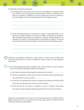 121
IIMATEMÁTICAS
IV.	Responde las siguientes preguntas:
a)	 En el diagrama de árbol, Sofía está en el primer nivel, Miguel en el segundo y Paco
en el tercero. Si en otro diagrama de árbol ponemos a Paco en el primer nivel, a
Sofía en el segundo y a Miguel en el tercero, ¿habría más, menos o el mismo nú-
mero de posibles formas de estacionarseentre los tres? Explica por qué:
	
	
	
b)	 Un día Paco llegó primero y se estacionó en el lugar C; luego llegó Sofía y se es-
tacionó en el lugar E; Miguel fue el último en llegar y se estacionó en el lugar A.
Otro día Miguel llegó primero y se estacionó en el lugar A, luego llegó Paco y se
estacionó en el lugar C, al final llegó Sofía y se estacionó en el lugar E. ¿Se cuenta
como la misma manera de estacionarse o son formas distintas? Explica por qué:
	
	
	
Comparen sus respuestas. Comenten si, para contar el número total de formas que
tienen para estacionarse los vecinos, es importante saber el orden en el que llegaron a
estacionarse.
V.	 Los cinco departamentos están ocupados. Cada vecino estaciona su auto en alguno
de los cinco lugares. Responde las siguientes preguntas:
a)	 ¿De cuántas maneras distintas pueden estacionarse los vecinos?
b)	 ¿Cuál es la operación a realizar para encontrar de cuántas maneras distintas pue-
den estacionarse los cinco vecinos?
c)	 ¿Cuál sería el inconveniente de realizar un diagrama de árbol para encontrar todas
las formas de estacionarse que tienen los cinco vecinos?
d)	 Cierto día, dos de los vecinos no utilizaron su auto y lo dejaron estacionado,
¿de cuántas maneras distintas pueden estacionarse los tres vecinos restantes?
	
Comparen sus respuestas. Para el caso en el que hay dos personas en el edificio, Sofía y
Miguel, comenten cuál es la operación que se hace para calcular el número total de
formas que tienen para estacionarse.
MAT2 B1 S09.indd 121 6/2/07 11:55:05 PM
 