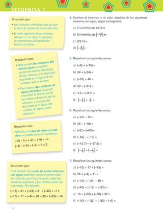 14
secuencia 1
4.	 Escriban el simétrico o el valor absoluto de los siguientes
números con signo, según corresponda:
a)	 El simétrico de 29.3 es
b)	 El simétrico de (– 19
7 ) es
c)	 |25.1| =
d)	 |– 2
13| =
5.	 Resuelvan las siguientes sumas:
a)	 (–8) + (–15) =
b)	 24 + (–24) =
c)	 (–31) + 48 =
d)	 59 + (–81) =
e)	 4.3 + (–8.7) =
f)	 (– 1
2 ) +  7
9 =
6.	 Resuelvan las siguientes restas:
a)	 (–31) – 14 =
b)	 46 – (–10) =
c)	 (–2) – (–65) =
d)	 (–52) – (–19) =
e)	 (–15.7) – (–17.9) =
f)	 (– 7
4 ) – (– 1
3 ) =
7.	 Resuelvan las siguientes sumas:
a)	 (–10) + 17 + (–15) =
b)	 28 + (–4) + 11 =
c)	 (–10) + (–21) + 86 =
d)	 (–47) + (–12) + (–33) =
e)	 14 + (–25) + (–39) + 32 =
f)	 (–10) + (–33) + (–38) + (–9) =
Recuerden que:
Para hacer restas de números con
signo se puede sumar el simétrico:
(–2) – 5 = (–2) + (–5) = –7.
(–3) – (–5) = (–3) + 5 = 2.
Recuerden que:
Para realizar una suma de varios números
con signo podemos sumar primero todos
los números positivos, después todos los
números negativos y por último sumar los
resultados. Por ejemplo:
(–18) + 31 + (–24) = 31 + (–42) = –11.
(–15) + 11 + (–8) + 28 = 39 + (–23) = 16.
Recuerden que:
•	Para sumar dos números del
mismo signo se pueden
sumar los valores absolutos
de los números, y el signo del
resultado es el signo de los
números que se suman.
•	Para sumar dos números de
signos distintos, se puede
encontrar la diferencia de
los valores absolutos de los
números, y el signo del
resultado es el signo del
número de mayor valor
absoluto.
Recuerden que:
•	Los números simétricos son los que
están a la misma distancia del cero.
•	El valor absoluto de un número
siempre es un número positivo,
se representta utilizando dos
barras verticales.
MAT2 B1 S01.indd 14 6/3/07 12:27:54 AM
 
