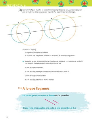 72
secuencia 5
La siguiente figura muestra un procedimiento completo con el que, usando regla y com-
pás, se trazó una recta que pasa por el punto P y es paralela a la recta negra.
Analicen la figura y
a) Reprodúzcanla en su cuaderno.
b) Escriban con sus propias palabras la secuencia de pasos que siguieron.
III.	Subrayen las dos definiciones correctas de rectas paralelas. En cuanto a las incorrec-
tas, busquen un ejemplo para mostrar por qué lo son.
a) Son rectas horizontales.
b) Son rectas que siempre conservan la misma distancia entre sí.
c) Son rectas que no se cortan.
d) Son rectas que tienen la misma medida.
A lo que llegamos
Las rectas que no se cortan se llaman rectas paralelas.
Si una recta m es paralela a la recta n, esto se escribe: m II n.
P
O
C
P'
O'
C'
MAT2 B1 S05.indd 72 6/2/07 11:39:33 PM
 