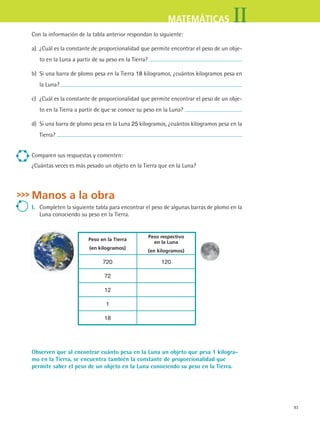 93
IIMATEMÁTICAS
Con la información de la tabla anterior respondan lo siguiente:
a)	 ¿Cuál es la constante de proporcionalidad que permite encontrar el peso de un obje­
to en la Luna a partir de su peso en la Tierra?
b)	 Si una barra de plomo pesa en la Tierra 18 kilogramos, ¿cuántos kilogramos pesa en
la Luna?
c)	 ¿Cuál es la constante de proporcionalidad que permite encontrar el peso de un obje­
to en la Tierra a partir de que se conoce su peso en la Luna?
d)	 Si una barra de plomo pesa en la Luna 25 kilogramos, ¿cuántos kilogramos pesa en la
Tierra?
Comparen sus respuestas y comenten:
¿Cuántas veces es más pesado un objeto en la Tierra que en la Luna?
Manos a la obra
I.	 Completen la siguiente tabla para encontrar el peso de algunas barras de plomo en la
Luna conociendo su peso en la Tierra.
Peso en la Tierra
(en kilogramos)
Peso respectivo
en la Luna
(en kilogramos)
720 120
72
12
1
18
Observen que al encontrar cuánto pesa en la Luna un objeto que pesa 1 kilogra-
mo en la Tierra, se encuentra también la constante de proporcionalidad que
permite saber el peso de un objeto en la Luna conociendo su peso en la Tierra.
MAT2 B1 S07.indd 93 6/2/07 11:49:10 PM
 