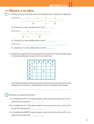 103
IIMATEMÁTICAS
Manos a la obra
I.	 Escriban cada una de las potencias como multiplicaciones y respondan las preguntas.
a)	 23
× 22
= × × × ×
	 		
	 23	
×	 22
b)	 ¿Cuántos 2 se están multiplicando en total?
c)	 21
× 26
= ×
	 		
	 21
	 ×	 26
d)	 ¿Cuántos 2 se están multiplicando en total?
e)	 27
× 23
=
f)	 ¿Cuántos 2 se están multiplicando en total?
II.	 Completen la siguiente tabla de multiplicación de potencias de base 2. Escriban todos
los resultados utilizando una potencia de esa misma base.
× 21
22
23
24
25
21
26
22
23
23
26
24
25
El resultado del producto de dos potencias de la misma base se puede expresar como otra
potencia de esa misma base, ¿cómo podemos encontrar el exponente del resultado?
Comparen sus respuestas. Comenten:
a) 	La multiplicación 32
× 34
se puede expresar como una potencia de 3, ¿cuál es el ex-
ponente de esta potencia?
b) 	La multiplicación 47
× 45
se puede expresar como una potencia de 4, ¿cuál es el ex-
ponente de esta potencia?
c) 	La multiplicación (2a 
)(2b 
) se puede expresar como una potencia de 2, ¿cuál es el ex-
ponente de esta potencia?
MAT2 B4 S24.indd 103 9/10/07 12:39:41 PM
 