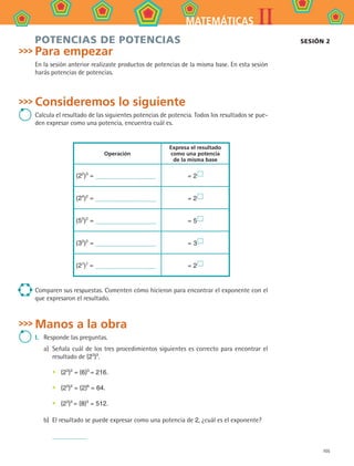 105
IIMATEMÁTICAS
POTENCIAS DE POTENCIAS
Para empezar
En la sesión anterior realizaste productos de potencias de la misma base. En esta sesión
harás potencias de potencias.
Consideremos lo siguiente
Calcula el resultado de las siguientes potencias de potencia. Todos los resultados se pue-
den expresar como una potencia, encuentra cuál es.
Operación
Expresa el resultado
como una potencia
de la misma base
(22
)3
= = 2 
(24
)2
= = 2 
(52
)2
= = 5 
(33
)2
= = 3 
(23
)3
= = 2 
Comparen sus respuestas. Comenten cómo hicieron para encontrar el exponente con el
que expresaron el resultado.
Manos a la obra
I.	 Responde las preguntas.
a)	 Señala cuál de los tres procedimientos siguientes es correcto para encontrar el
resultado de (23
)3
.
(23
)3
= (6)3
= 216.
(23
)3
= (2)6
= 64.
(23
)3
= (8)3
= 512.
b)	 El resultado se puede expresar como una potencia de 2, ¿cuál es el exponente?
	
•
•
•
SESIÓN 2
MAT2 B4 S24.indd 105 9/10/07 12:39:42 PM
 