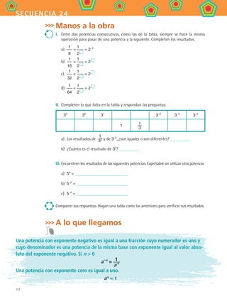 112
secuencia 24
Manos a la obra
I.	 Entre dos potencias consecutivas, como las de la tabla, siempre se hace la misma
operación para pasar de una potencia a la siguiente. Completen los resultados.
a)	
1
8
=
1
2 
= 2−3
b)	
1
16
=
1
2 
= 2 
c)	
1
32
=
1
2 
= 2 
d)	
1
64
=
1
2 
= 2 
II.	 Completen lo que falta en la tabla y respondan las preguntas:
33
32
31
3−2
3−3
3−4
1 1
3
a)	 Los resultados de
1
32 y de 3−2
, ¿son iguales o son diferentes?
b)	 ¿Cuánto es el resultado de 30
?
III.	Encuentren los resultados de las siguientes potencias. Exprésalos sin utilizar otra potencia.
a)	 50
=
b)	 5−2
=
c)	 5−4
=
Comparen sus respuestas. Hagan una tabla como las anteriores para verificar sus resultados.
A lo que llegamos
Una potencia con exponente negativo es igual a una fracción cuyo numerador es uno y
cuyo denominador es una potencia de la misma base con exponente igual al valor abso-
luto del exponente negativo. Si n  0
a -n
= 1
a n
Una potencia con exponente cero es igual a uno.
a 0
= 1
MAT2 B4 S24.indd 112 9/10/07 12:39:52 PM
 