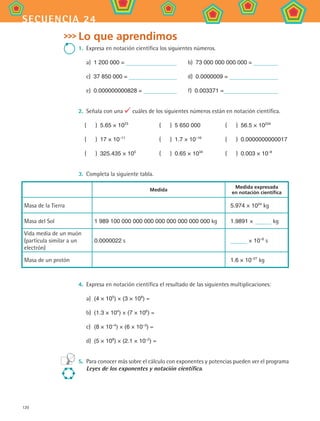 120
secuencia 24
Lo que aprendimos
1. 	Expresa en notación científica los siguientes números.
a)  1 200 000 = 	 b)  73 000 000 000 000 =
c)  37 850 000 = 	 d)  0.0000009 =
e)  0.000000000828 = 	 f)  0.003371 =
2.	 Señala con una cuáles de los siguientes números están en notación científica.
(    )  5.65 × 1023
	 (    )  5 650 000	 (    )  56.5 × 10234
(    )  17 × 10–11
	 (    )  1.7 × 10–16
	 (    )  0.0000000000017
(    )  325.435 × 105
	 (    )  0.65 × 1034
	 (    )  0.003 × 10–8
3.	 Completa la siguiente tabla.
Medida
Medida expresada
en notación científica
Masa de la Tierra 5.974 × 1024
kg
Masa del Sol 1 989 100 000 000 000 000 000 000 000 000 kg 1.9891 × kg
Vida media de un muón
(partícula similar a un
electrón)
0.0000022 s × 10–6
s
Masa de un protón 1.6 × 10–27
kg
4.	 Expresa en notación científica el resultado de las siguientes multiplicaciones:
a)	 (4 × 105
) × (3 × 108
) =
b)	 (1.3 × 104
) × (7 × 106
) =
c)	 (8 × 10–4
) × (6 × 10–3
) =
d)	 (5 × 108
) × (2.1 × 10–2
) =
5.	 Para conocer más sobre el cálculo con exponentes y potencias pueden ver el programa
Leyes de los exponentes y notación científica.
MAT2 B4 S24.indd 120 9/10/07 12:40:00 PM
 