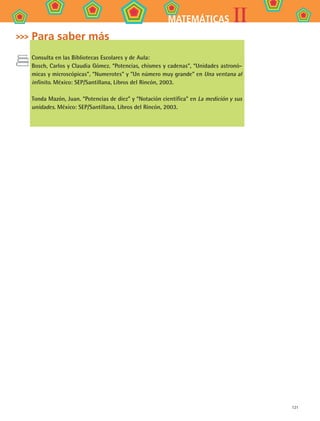 121
IIMATEMÁTICAS
Para saber más
Consulta en las Bibliotecas Escolares y de Aula:
Bosch, Carlos y Claudia Gómez. “Potencias, chismes y cadenas”, “Unidades astronó-
micas y microscópicas”, “Numerotes” y ”Un número muy grande” en Una ventana al
infinito. México: SEP/Santillana, Libros del Rincón, 2003.
Tonda Mazón, Juan. “Potencias de diez” y “Notación científica” en La medición y sus
unidades. México: SEP/Santillana, Libros del Rincón, 2003.
MAT2 B4 S24.indd 121 9/10/07 12:40:00 PM
 