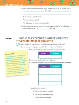 156
secuencia 27
sesión 2
a)	 ¿Son independientes los eventos: “en la moneda cae sol” y “en el dado cae 1”?
¿Por qué?
Si los eventos a considerar son:
“En la moneda cae águila”.
“En el dado cae un número diferente de 1”.
b)	 ¿Son independientes los eventos: “en la moneda cae águila” y “en el dado cae un
número diferente de 1”? ¿Por qué?
Dos o más eventos independientes
Consideremos lo siguiente
Realicen el siguiente experimento y contesten las preguntas que se plantean.
Lancen al mismo tiempo dos monedas al aire y observen el resultado.
Anoten el resultado que obtuvieron en el siguiente recuadro:
Moneda 1 Moneda 2
Comparen sus resultados con sus compañeros.
a)	 Escriban en la siguiente tabla los resultados diferentes que obtuvieron:
Moneda 1 Moneda 2
Si definimos los eventos:
A: “Cae sol en la primera moneda”.
B: “Cae sol en la segunda moneda”.
C: “Cae sol en ambas monedas”.
Recuerden que:
En el experimento de lanzar dos
monedas al aire y observar el
resultado, se están considerando
dos monedas en las que sus caras
tienen la misma probabilidad de
ocurrir, es decir, son equiprobables.
En general, cuando en un
experimento de azar ocurre lo
anterior, se dice que las monedas
son no trucadas o legales.
MAT2 B4 S27.indd 156 9/10/07 12:41:53 PM
 