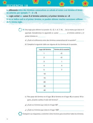 14
secuencia 18
La diferencia entre dos términos consecutivos se calcula al restar a un término el térmi-
no anterior, por ejemplo: 7 – 2 = 5.
La regla verbal es: sumar 5 al término anterior y el primer término es –8.
Si no se indica cuál es el primer término, se pueden obtener muchas sucesiones utilizan-
do la misma regla.
IV.	Una regla para obtener la sucesión –5, –2, 1, 4, 7, 10, … (es la misma que está en el
apartado Consideremos lo siguiente) es sumar al término anterior y el
primer término es
a)	 ¿Cuál es la diferencia entre dos términos consecutivos de la sucesión?
b)	 Completa la siguiente tabla con algunos de los términos de la sucesión.
Lugar del término Término de la sucesión
1 –5
2 –2
3 1
4 4
5 7
10
15
20
30
40
c)	 Para pasar del término en el lugar 30 al término en el lugar 40, se avanza 10 lu-
gares. ¿Cuánto cambia el valor del término?
d)	 ¿Cuál es el término que está en el lugar 50?
e)	 ¿Cuál es el término que está en el lugar 100?
Comparen sus respuestas y comenten cómo hicieron para encontrar todos los términos.
MAT2 B3 S18.indd 14 9/10/07 3:36:44 PM
 
