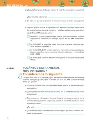 178
secuencia 28
b)	 ¿En qué año se presentó el mayor número de visitantes nacionales en estas zonas?
	 ¿Y de visitantes extranjeros?
c)	 En total, ¿en qué año se presentó el mayor número de visitantes a estas zonas?
d)	 Según la gráfica, ¿cuál de las siguientes frases representa el comportamiento que
ha tenido el turismo (nacional, extranjero y total) que visita las zonas arqueológi-
cas de México? Márcalas con una .
	 Del año 2000 al año 2003, el número total de turistas que visitaban las zonas
arqueológicas aumentaba; sin embargo, a partir del año 2004 ha descendi-
do.
	 En el año 2003, se presentó el mayor número de turistas nacionales que visi-
taron las zonas arqueológicas.
	 En el año 2000, 3 200 turistas extranjeros visitaron las zonas arqueológicas,
lo que representa el mayor número de visitantes extranjeros en el periodo de
2000 a 2005.
	 En el año 2005, aumentó el turismo extranjero en las zonas arqueológicas en
México.
¿CUÁNTOS EXTRANJEROS
NOS VISITARON?
Consideremos lo siguiente
Las gráficas de línea de la siguiente página presentan información sobre el número de
visitantes extranjeros que estuvieron en nuestro país en el año 2005 y las cantidades de
dinero que gastaron.
a)	 ¿Qué relación encuentran entre estas cantidades: número de visitantes y dinero
que gastaron?
b)	 ¿Corresponde el número máximo de visitantes con la cantidad mayor de dinero
que gastaron?
c)	 Una persona está interesada en abrir una tienda de artesanías; de acuerdo con la
información que presentan las gráficas, ¿cuándo le convendría abrirla, en enero,
marzo o diciembre?
¿Por qué?
d)	 ¿Consideran qué sería suficiente esta información para que decida cuándo le con-
viene abrir su tienda?
sesión 3
MAT2 B4 S28.indd 178 9/10/07 12:42:36 PM
 