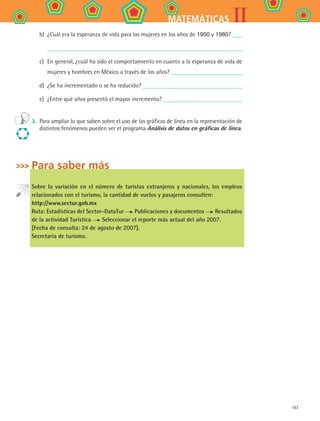 183
IIMATEMÁTICAS
b)	 ¿Cuál era la esperanza de vida para las mujeres en los años de 1950 y 1980?
c)	 En general, ¿cuál ha sido el comportamiento en cuanto a la esperanza de vida de
mujeres y hombres en México a través de los años?
d)	 ¿Se ha incrementado o se ha reducido?
e)	 ¿Entre qué años presentó el mayor incremento?
3.	 Para ampliar lo que saben sobre el uso de las gráficas de línea en la representación de
distintos fenómenos pueden ver el programa Análisis de datos en gráficas de línea.
Para saber más
Sobre la variación en el número de turistas extranjeros y nacionales, los empleos
relacionados con el turismo, la cantidad de vuelos y pasajeros consulten:
http://www.sectur.gob.mx
Ruta: Estadísticas del Sector-DataTur Publicaciones y documentos Resultados
de la actividad Turística Seleccionar el reporte más actual del año 2007.
[Fecha de consulta: 24 de agosto de 2007].
Secretaría de turismo.
MAT2 B4 S28.indd 183 9/10/07 12:42:38 PM
 