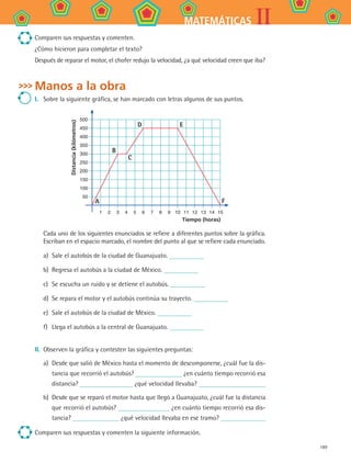 189
IIMATEMÁTICAS
Comparen sus respuestas y comenten.
¿Cómo hicieron para completar el texto?
Después de reparar el motor, el chofer redujo la velocidad, ¿a qué velocidad creen que iba?
Manos a la obra
I.	 Sobre la siguiente gráfica, se han marcado con letras algunos de sus puntos.
Tiempo (horas)
500
450
400
350
300
250
200
150
100
50
Distancia(kilómetros)
	 1	 2	 3	 4	 5	 6	 7	 8	 9	 10	 11	 12	 13	 14	 15
A
B
C
D E
F
Cada uno de los siguientes enunciados se refiere a diferentes puntos sobre la gráfica.
Escriban en el espacio marcado, el nombre del punto al que se refiere cada enunciado.
a)	 Sale el autobús de la ciudad de Guanajuato.
b)	 Regresa el autobús a la ciudad de México.
c)	 Se escucha un ruido y se detiene el autobús.
d)	 Se repara el motor y el autobús continúa su trayecto.
e)	 Sale el autobús de la ciudad de México.
f)	 Llega el autobús a la central de Guanajuato.
II.	 Observen la gráfica y contesten las siguientes preguntas:
a)	 Desde que salió de México hasta el momento de descomponerse, ¿cuál fue la dis-
tancia que recorrió el autobús? ¿en cuánto tiempo recorrió esa
distancia? ¿qué velocidad llevaba?
b)	 Desde que se reparó el motor hasta que llegó a Guanajuato, ¿cuál fue la distancia
que recorrió el autobús? ¿en cuánto tiempo recorrió esa dis-
tancia? ¿qué velocidad llevaba en ese tramo?
Comparen sus respuestas y comenten la siguiente información.
MAT2 B4 S29.indd 189 9/10/07 12:43:12 PM
 