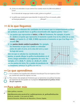 193
IIMATEMÁTICAS
b)	 ¿Cuál es la velocidad a la que camina Cruz cuando recorre los 200 m de subida al
cerro?
	 En el intervalo de tiempo que tarda en subir, ¿cómo es la gráfica?
c)	 La gráfica que construyeron para describir el camino de Cruz a la escuela, ¿debe
ser lineal por pedazos? ¿Por qué?
A lo que llegamos
Si un fenómeno relaciona dos cantidades de tal manera que su comportamiento es lineal
por pedazos, se puede hacer su gráfica encontrando sólo algunos puntos “clave”:
1.	Los puntos que representan el inicio y el fin del fenómeno. Por ejemplo, el punto
O = (0,0) es el punto que representa el momento cuando Cruz no ha salido de su casa
(inicio), y el punto G = (1 400, 2 000) representa el momento en que Cruz llega a la
escuela (fin).
2.	Los puntos donde cambia la pendiente. Por ejemplo,
los momentos en que Cruz cambió su velocidad
(antes de subir al cerro, en la cima del cerro y cuan-
do bajó del cerro).
Una vez que se calculan las coordenadas de esos
puntos, se puede dibujar la gráfica localizándolos en el
plano y luego uniéndolos con segmentos de recta. Por
ejemplo, si O = (0,0), P = (2,3), Q = (4,5) y R = (8,4)
son los puntos de inicio, fin y cambio de pendiente de
un fenómeno, entonces la gráfica de éste es:
Lo que aprendimos
1.	 En tu cuaderno, haz la gráfica de la distancia recorrida por Cruz con respecto al tiem-
po, cuando éste camina de regreso a su casa.
2.	 Para conocer más ejemplos de fenómenos que se representan con gráficas formadas
por segmentos de recta pueden ver el programa Interpretación de gráficas forma-
das por segmentos.
Para saber más
Sobre gráficas, consulta:
http://descartes.cnice.mecd.es/1y2_eso/Interpretacion_de_graficas/Graficas.htm
[Fecha de consulta: 15 de junio de 2007].
Proyecto Descartes, Ministerio de Educación y Ciencia, España.
y
x
O
P
Q
R
MAT2 B4 S29.indd 193 9/10/07 12:43:18 PM
 