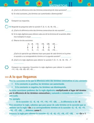 21
IIMATEMÁTICAS
a)	 ¿Cuál es la diferencia entre dos términos consecutivos de estas sucesiones?
b)	 En estas sucesiones, ¿los términos van aumentando o disminuyendo?	
Comparen sus respuestas.
IV.	Responde las preguntas sobre la sucesión 7, 3, –1, –5, –9, –13, …
a)	 ¿Cuál es la diferencia entre dos términos consecutivos de esta sucesión?
b)	 En la regla algebraica para obtener cada uno de los términos de la sucesión, debe-
mos multiplicar la n por
c)	 Observa las dos sucesiones:
–4,	 –8,	 –12,	 –16,	 –20,	 –24, …
	 	 	 	 	
7,	 3,	 –1,	 –5,	 –9,	 –13, …
	 ¿Cuál es la operación que debemos hacer para pasar de cada término en la prime-
ra sucesión a su correspondiente término en la segunda sucesión?
d)	 ¿Cuál es la regla algebraica para obtener la sucesión 7, 3, –1, –5, –9, –13, …?
Comparen sus respuestas. Encuentren la regla algebraica para obtener la sucesión	
–11, –15, –19, –23, –27, –31, …
A lo que llegamos
Para las sucesiones en las que la diferencia entre dos términos consecutivos es una constante:
•	 Si la constante es positiva, los términos van aumentando.
•	 Si la constante es negativa, los términos van disminuyendo.
En estas sucesiones podemos dar la regla algebraica multiplicando el lugar del término
por la diferencia de los términos consecutivos y sumando o restando una constante
adecuada.
Por ejemplo:
En la sucesión –2, –5, –8, –11, –14, –17, –20, …., la diferencia es de –3.
Para encontrar la regla, sabemos que para pasar de cada término en la sucesión que se
obtiene con la regla –3n, a su correspondiente término en la sucesión –2, –5, –8, –11,
–14, –17, –20, …, debemos sumar 1.
Entonces la regla para obtener la sucesión –2, –5, –8, –11, –14, –17, –20, … es –3n + 1.
MAT2 B3 S18.indd 21 9/10/07 3:36:57 PM
 