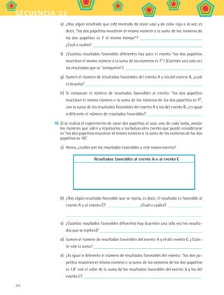 234
secuencia 32
e)	 ¿Hay algún resultado que esté marcado de color azul y de color rojo a la vez, es
decir, “los dos papelitos muestran el mismo número y la suma de los números de
los dos papelitos es 7 al mismo tiempo”?
¿Cuál o cuáles?
f)	 ¿Cuántos resultados favorables diferentes hay para el evento “los dos papelitos
muestran el mismo número o la suma de los números es 7”? (Cuenten una sola vez
los resultados que se “comparten”).
g)	 Sumen el número de resultados favorables del evento A y los del evento B, ¿cuál
es la suma?
h)	 Si comparan el número de resultados favorables al evento: “los dos papelitos
muestran el mismo número o la suma de los números de los dos papelitos es 7”,
con la suma de los resultados favorables del evento A y los del evento B, ¿es igual
o diferente el número de resultados favorables?
III.	Si se realiza el experimento de sacar dos papelitos al azar, uno de cada bolsa, anotar
los números que salen y regresarlos a las bolsas otro evento que puede considerarse
es “los dos papelitos muestran el mismo número o la suma de los números de los dos
papelitos es 10”.
a)	 Ahora, ¿cuáles son los resultados favorables a este nuevo evento?
Resultados favorables al evento A o al evento C
b)	 ¿Hay algún resultado favorable que se repita, es decir, el resultado es favorable al
evento A y al evento C? ¿Cuál o cuáles?
c)	 ¿Cuántos resultados favorables diferentes hay (cuenten una sola vez los resulta-
dos que se repiten)?
d)	 Sumen el número de resultados favorables del evento A y el del evento C. ¿Cuán-
to vale la suma?
e)	 ¿Es igual o diferente el número de resultados favorables del evento: “los dos pa-
pelitos muestran el mismo número o la suma de los números de los dos papelitos
es 10” con el valor de la suma de los resultados favorables del evento A y los del
evento C?
MAT2 B5 S32.indd 234 9/10/07 12:48:10 PM
 