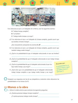 237
IIMATEMÁTICAS
Si se selecciona al azar a un trabajador de la fábrica, sean los siguientes eventos:
A: trabaja tiempo completo.
B: es hombre.
C: trabaja medio tiempo y es mujer.
a)	 Si se selecciona al azar a un trabajador de tiempo completo, ¿puede ocurrir que
sea hombre al mismo tiempo?
	 ¿Son mutuamente excluyentes los eventos A y B?
b)	 Si se selecciona al azar a un trabajador de tiempo completo, ¿puede ocurrir que
también trabaje medio tiempo?
c)	 ¿Cuál es la probabilidad de que el trabajador seleccionado al azar sea hombre?
d)	 ¿Cuál es la probabilidad de que el trabajador seleccionado al azar trabaje tiempo
completo?
e)	 ¿Cuál es la probabilidad de que el trabajador seleccionado al azar tra-
baje medio tiempo y sea mujer?
f)	 ¿Cuál creen que es la probabilidad de que el trabajador seleccionado
trabaje tiempo completo o que trabaje medio tiempo y sea mujer?
Comparen sus respuestas con las de sus compañeros y comenten cómo obtuvieron las
probabilidades en los incisos c) al f).
Manos a la obra
I.	 Utilicen la tabla anterior para contestar las siguientes preguntas:
a)	 ¿Cuántas personas trabajan tiempo completo?
¿Y cuántas personas trabajan medio tiempo?
Recuerden que:
La probabilidad es un
número mayor o igual
que cero y menor o
igual que 1.
MAT2 B5 S32.indd 237 9/10/07 12:48:12 PM
 