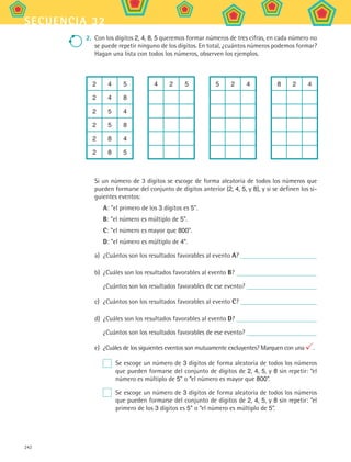 242
secuencia 32
2.	 Con los dígitos 2, 4, 8, 5 queremos formar números de tres cifras, en cada número no
se puede repetir ninguno de los dígitos. En total, ¿cuántos números podemos formar?
Hagan una lista con todos los números, observen los ejemplos.
2 4 5 4 2 5 5 2 4 8 2 4
2 4 8
2 5 4
2 5 8
2 8 4
2 8 5
Si un número de 3 dígitos se escoge de forma aleatoria de todos los números que
pueden formarse del conjunto de dígitos anterior (2, 4, 5, y 8), y si se definen los si-
guientes eventos:
A: el primero de los 3 dígitos es 5.
B: el número es múltiplo de 5.
C: el número es mayor que 800.
D: el número es múltiplo de 4.
a)	 ¿Cuántos son los resultados favorables al evento A?
b)	 ¿Cuáles son los resultados favorables al evento B?
¿Cuántos son los resultados favorables de ese evento?
c)	 ¿Cuántos son los resultados favorables al evento C?
d)	 ¿Cuáles son los resultados favorables al evento D?
¿Cuántos son los resultados favorables de ese evento?
e)	 ¿Cuáles de los siguientes eventos son mutuamente excluyentes? Marquen con una .
	 Se escoge un número de 3 dígitos de forma aleatoria de todos los números
que pueden formarse del conjunto de dígitos de 2, 4, 5, y 8 sin repetir: “el
número es múltiplo de 5” o “el número es mayor que 800”.
	 Se escoge un número de 3 dígitos de forma aleatoria de todos los números
que pueden formarse del conjunto de dígitos de 2, 4, 5, y 8 sin repetir: “el
primero de los 3 dígitos es 5” o “el número es múltiplo de 5”.
MAT2 B5 S32.indd 242 9/10/07 12:48:15 PM
 
