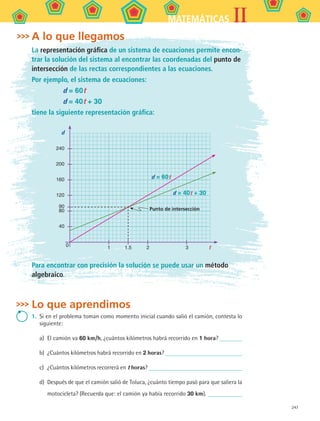 247
IIMATEMÁTICAS
A lo que llegamos
La representación gráfica de un sistema de ecuaciones permite encon-
trar la solución del sistema al encontrar las coordenadas del punto de
intersección de las rectas correspondientes a las ecuaciones.
Por ejemplo, el sistema de ecuaciones:
d = 60t
d = 40t + 30
tiene la siguiente representación gráfica:
d
t
240
200
160
120
80
40
	 1	 1.5	 2	 3	
Punto de intersección
d = 60t
d = 40t + 30
90
0
Para encontrar con precisión la solución se puede usar un método
algebraico.
Lo que aprendimos
1.	 Si en el problema toman como momento inicial cuando salió el camión, contesta lo
siguiente:
a)	 El camión va 60 km/h, ¿cuántos kilómetros habrá recorrido en 1 hora?
b)	 ¿Cuántos kilómetros habrá recorrido en 2 horas?
c)	 ¿Cuántos kilómetros recorrerá en t horas?
d)	 Después de que el camión salió de Toluca, ¿cuánto tiempo pasó para que saliera la
motocicleta? (Recuerda que: el camión ya había recorrido 30 km).
MAT2 B5 S33.indd 247 9/10/07 12:48:39 PM
 