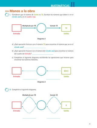 25
IIMATEMÁTICAS
Manos a la obra
I.	 Consideren que el número de Salida es 72. Escriban los números que deben ir en el
círculo azul y en el cuadro rojo.
72
Entrada
Súmale 12
Salida
Multiplícalo por 10
Diagrama 2
a)	 ¿Qué operación hicieron con el número 72 para encontrar el número que va en el
círculo azul?
b)	 ¿Qué operación hicieron con el número del círculo azul para encontrar el número
del cuadro de Entrada?
c)	 Completen el siguiente diagrama escribiendo las operaciones que hicieron para
encontrar los números faltantes.
824.5
Entrada Salida
Diagrama 3
II.	 Completen el siguiente diagrama.
8
Entrada Salida
Súmale 12Multiplícalo por 10
MAT2 B3 S19.indd 25 9/10/07 12:29:12 PM
 