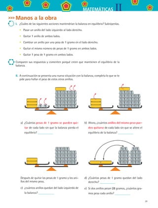 29
IIMATEMÁTICAS
Manos a la obra
I.	 ¿Cuáles de las siguientes acciones mantendrían la balanza en equilibrio? Subráyenlas.
Pasar un anillo del lado izquierdo al lado derecho.
Quitar 1 anillo de ambos lados.
Cambiar un anillo por una pesa de 1 gramo en el lado derecho.
Quitar el mismo número de pesas de 1 gramo en ambos lados.
Quitar 1 pesa de 1 gramo en ambos lados.
Comparen sus respuestas y comenten porqué creen que mantienen el equilibrio de la
balanza.
II.	 A continuación se presenta una nueva situación con la balanza, completa lo que se te
pide para hallar el peso de estos otros anillos.
a)	 ¿Cuántas pesas de 1 gramo se pueden qui-
tar de cada lado sin que la balanza pierda el
equilibrio?
b)	 Ahora, ¿cuántos anillos del mismo peso pue-
den quitarse de cada lado sin que se altere el
equilibrio de la balanza?
Después de quitar las pesas de 1 gramo y los ani-
llos del mismo peso,
c)	 ¿cuántos anillos quedan del lado izquierdo de
la balanza?
d)	 ¿Cuántas pesas de 1 gramo quedan del lado
derecho?
e)	 Si dos anillos pesan 28 gramos, ¿cuántos gra-
mos pesa cada anillo?
•
•
•
•
•
MAT2 B3 S19.indd 29 9/10/07 12:29:17 PM
 