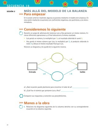 32
secuencia 19
MÁS ALLÁ DEL MODELO DE LA BALANZA
Para empezar
En la sesión anterior resolviste algunas ecuaciones mediante el modelo de la balanza. En
esta sesión resolverás ecuaciones con coeficientes negativos, con paréntesis y con deno-
minadores.
Consideremos lo siguiente
Durante un juego de adivinaza de números, Luis y Ana pensaron un mismo número, hi-
cieron diferentes operaciones y al final obtuvieron el mismo resultado.
Luis pensó un número, lo multiplicó por 3 y al resultado obtenido le sumó 5.
Ana pensó el mismo número que Luis, lo multiplicó por 2, al producto obtenido le
restó 3 y obtuvo el mismo resultado final que Luis.
Hicieron un diagrama y les quedó de la siguiente manera.
Entrada
+ 5
Salida
× 3
– 3× 2
a)	 ¿Qué ecuación puede plantearse para encontrar el valor de x?
b)	 ¿Cuál fue el número que pensaron Luis y Ana?
Comparen sus respuestas y comenten sus procedimientos.
Manos a la obra
I.	 Relaciona los diagramas siguientes de la columna derecha con su correspondiente
ecuación en la columna izquierda.
•
•
sesión 3
MAT2 B3 S19.indd 32 9/10/07 12:29:21 PM
 
