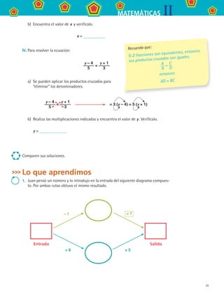 35
IIMATEMÁTICAS
b)	 Encuentra el valor de x y verifícalo.
x =
IV.	Para resolver la ecuación:
y – 4
5
=
y + 1
3
a)	 Se pueden aplicar los productos cruzados para
“eliminar” los denominadores.
y – 4
5
=
y + 1
3
    = 3 (y – 4) = 5 (y + 1)
b)	 Realiza las multiplicaciones indicadas y encuentra el valor de y . Verifícalo.
y =
Comparen sus soluciones.
Lo que aprendimos
1.	 Juan pensó un número y lo introdujo en la entrada del siguiente diagrama compues-
to. Por ambas rutas obtuvo el mismo resultado.
Entrada
× 7
Salida
– 1
× 3+ 6
Recuerda que:
Si 2 fracciones son equivalentes, entonces
sus productos cruzados son iguales.
A
B
=
C
D
entonces
AD = BC
MAT2 B3 S19.indd 35 9/10/07 12:29:24 PM
 