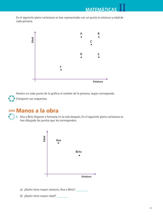 41
IIMATEMÁTICAS
En el siguiente plano cartesiano se han representado con un punto la estatura y edad de
cada persona.
Edad
Estatura
F
D
A
C
B
E
Anoten en cada punto de la gráfica el nombre de la persona, según corresponda.
Comparen sus respuestas.
Manos a la obra
I.	 Ana y Beto llegaron a formarse en la cola después. En el siguiente plano cartesiano se
han dibujado los puntos que les corresponden.
Edad
Estatura
Ana
Beto
a)	 ¿Quién tiene mayor estatura, Ana o Beto?
b)	 ¿Quién tiene mayor edad?
MAT2 B3 S20.indd 41 9/10/07 12:32:20 PM
 