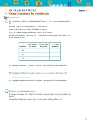 55
IIMATEMÁTICAS
EL PLAN PERFECTO
Consideremos lo siguiente
Los celulares
Las compañías de teléfonos celulares Mexcel, Tele-cel e ILcel tienen las siguientes tari-
fas:
Mexcel: $100 de renta mensual más $1.00 el minuto.
Tele-cel: $60 de renta mensual más $2.00 el minuto.
ILcel: no cobra renta pero las llamadas cuestan $5 el minuto.
Completen la siguiente tabla para saber cuánto cobra cada compañía por hablar x mi-
nutos durante un mes.
x
(minutos)
Mexcel cobra
(en pesos)
Tele-cel cobra
(en pesos)
ILcel cobra
(en pesos)
10
30
60
a)	 Si una persona habla 15 minutos en un mes, ¿qué compañía le cobrará menos?
	
b)	 Si una persona habla 30 minutos en un mes, ¿qué compañía le cobrará menos?
	
c)	 Si una persona habla 60 minutos en un mes, ¿qué compañía le cobrará menos?
	
Comparen sus respuestas y comenten:
Si una persona habla entre 25 y 35 minutos al mes, ¿con cuál compañía le saldrá más
barato?
¿Para qué cantidades de minutos al mes es más barato hablar por Tele-cel?
sesión 5
MAT2 B3 S20.indd 55 9/10/07 12:32:33 PM
 
