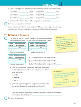 83
IIMATEMÁTICAS
a)	 ¿En qué lugar llegaron los competidores y en cuanto tiempo terminó cada uno la caminata?
	 Competidor A lugar	 Competidor A horas
	 Competidor B lugar	 Competidor B horas
	 Competidor C lugar	 Competidor C horas
b)	 ¿Qué velocidad alcanzó el competidor que ganó la competencia?
Comparen sus respuestas y comenten:
En una telesecundaria dijeron que el competidor B llegó en primer lugar porque el seg-
mento de recta rojo es el más largo, ¿están de acuerdo? Justifiquen su respuesta.
Manos a la obra
I.	 Con ayuda de la gráfica anterior completen las siguientes tablas para
encontrar las velocidades a las que fueron los competidores A, B y C.
Tiempo
(horas)
Distancia recorrida
(en kilómetros)
Tiempo
(horas)
Distancia recorrida
(en kilómetros)
60 60
1 1
Tabla del competidor A Tabla del competidor B
a)	 ¿Qué velocidad alcanzó el competidor A?
b)	 ¿Qué velocidad alcanzó el competidor B?
c)	 ¿Qué velocidad alcanzó el competidor C?
d)	 ¿Cuál de las siguientes expresiones algebraicas permite en-
contrar la distancia recorrida y por el competidor A en el tiem-
po x? Subráyenla.
y = 6x
y = 60x
y = x
e)	 ¿Cuál es la expresión algebraica que permite encontrar la dis-
tancia recorrida y por el competidor B en el tiempo x?
f)	 ¿Cuál es la expresión algebraica que permite encontrar la distancia recorrida y por
el competidor C en el tiempo x?
Comparen sus respuestas.
•
•
•
Recuerden que:
Si la velocidad es constante,
entonces la distancia y el
tiempo son cantidades directa-
mente proporcionales y la
constante de proporcionalidad
es la velocidad.
Recuerden que:
La expresión algebraica asociada a
una relación de proporcionalidad
directa es de la forma
y = kx
donde k es la constante de propor-
cionalidad.
Tiempo
(horas)
Distancia recorrida
(en kilómetros)
60
1
Tabla del competidor C
MAT2 B3 S23.indd 83 9/10/07 12:37:41 PM
 
