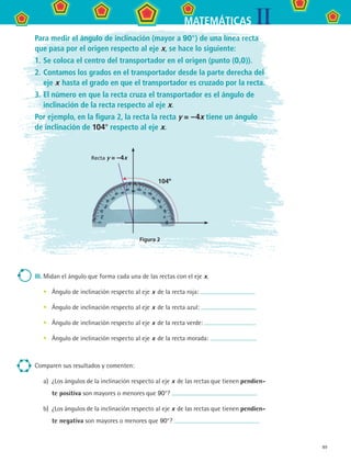89
IIMATEMÁTICAS
Para medir el ángulo de inclinación (mayor a 90°) de una línea recta
que pasa por el origen respecto al eje x, se hace lo siguiente:
1.	Se coloca el centro del transportador en el origen (punto (0,0)).
2.	Contamos los grados en el transportador desde la parte derecha del
eje x hasta el grado en que el transportador es cruzado por la recta.
3.	El número en que la recta cruza el transportador es el ángulo de
inclinación de la recta respecto al eje x.
Por ejemplo, en la figura 2, la recta la recta y = –4x tiene un ángulo
de inclinación de 104° respecto al eje x.
Figura 2
Recta y = –4x
104º
III.	Midan el ángulo que forma cada una de las rectas con el eje x.
Ángulo de inclinación respecto al eje x de la recta roja:
Ángulo de inclinación respecto al eje x de la recta azul:
Ángulo de inclinación respecto al eje x de la recta verde:
Ángulo de inclinación respecto al eje x de la recta morada:
Comparen sus resultados y comenten:
a)	 ¿Los ángulos de la inclinación respecto al eje x de las rectas que tienen pendien-
te positiva son mayores o menores que 90°?
b)	 ¿Los ángulos de la inclinación respecto al eje x de las rectas que tienen pendien-
te negativa son mayores o menores que 90°?
•
•
•
•
MAT2 B3 S23.indd 89 9/10/07 12:37:49 PM
 