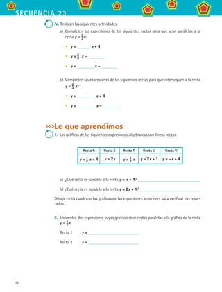 96
secuencia 23
IV.	Realicen las siguientes actividades.
a)	 Completen las expresiones de las siguientes rectas para que sean paralelas a la
recta y = 2
3x:
y = x + 4
y = 2
3 x –
y = x –
b)	 Completen las expresiones de las siguientes rectas para que intersequen a la recta
y = 2
3 x:
y = x + 4
y = x –
Lo que aprendimos
1.	 Las gráficas de las siguientes expresiones algebraicas son líneas rectas.
Recta R Recta S Recta T Recta U Recta V
y = 1
2 x + 4 y = 2x y = 1
2 x y = 2x + 1 y = –x + 4
a)	 ¿Qué recta es paralela a la recta y = x + 4?
b)	 ¿Qué recta es paralela a la recta y = 2x + 1?
Dibuja en tu cuaderno las gráficas de las expresiones anteriores para verificar tus resul-
tados.
2.	 Encuentra dos expresiones cuyas gráficas sean rectas paralelas a la gráfica de la recta
y = 1
2x.
Recta 1	 y =
Recta 2	 y =
•
•
•
•
•
MAT2 B3 S23.indd 96 9/10/07 12:37:56 PM
 
