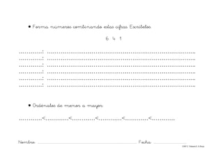 Nombre: ............................................................................................................................... Fecha: ..........................................
©Mª C.Tabarés/L.A.Rojo
• Forma números combinando estas cifras. Escríbelos.
6 4 1
…………: …………………………………………………………………..
…………: …………………………………………………………………..
…………: …………………………………………………………………..
…………: …………………………………………………………………..
…………: …………………………………………………………………..
…………: …………………………………………………………………..
• Ordénalos de menor a mayor:
…………<…………<…………<…………<…………<…………
 
