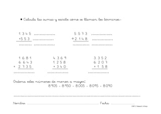 Nombre: ............................................................................................................................... Fecha: ..........................................
©Mª C.Tabarés/L.A.Rojo
• Calcula las sumas y escribe cómo se llaman los términos.-
1. 3 4 5 …………… 5 .5 7 3 ……………
+5 5 3 …………… + 2. 1 4 8 ……………
………. …………… ………… ……………
1 .6 8 1 4. 3 6 9 3. 3 5 2
6. 6 4 3 1. 2 5 8 6. 2 0 7
+ 2. 7 3 5 + 3 4 0 + 1 5 8
…………… …………… ……………
Ordena estos números de menor a mayor:
8.905 - 8.950 - 8.005 - 8.095 - 8.090
………………………………………………………………………………..
 