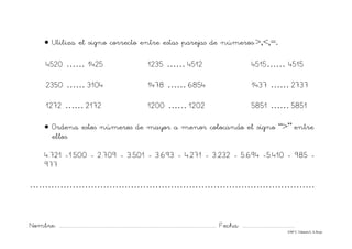 Nombre: ............................................................................................................................... Fecha: ..........................................
©Mª C.Tabarés/L.A.Rojo
• Utiliza el signo correcto entre estas parejas de números:>,<,=.
4520 …… 1425 1235 …… 4512 4515…… 4515
2350 …… 3104 1478 …… 6854 1437 …… 2737
1272 …… 2172 1200 …… 1202 5851 …… 5851
• Ordena estos números de mayor a menor colocando el signo “>” entre
ellos.
4.721 -1.500 - 2.709 - 3.501 - 3.693 - 4.271 - 3.232 - 5.694 -5.410 - 985 -
977
…………………………………………………………………………………
 