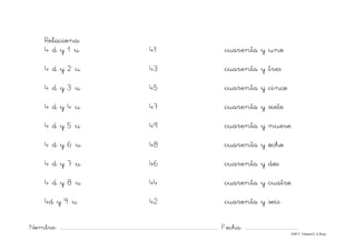 Nombre: ............................................................................................................................... Fecha: ..........................................
©Mª C.Tabarés/L.A.Rojo
Relaciona:
4 d y 1 u 41 cuarenta y uno
4 d y 2 u 43 cuarenta y tres
4 d y 3 u 45 cuarenta y cinco
4 d y 4 u 47 cuarenta y siete
4 d y 5 u 49 cuarenta y nueve
4 d y 6 u 48 cuarenta y ocho
4 d y 7 u 46 cuarenta y dos
4 d y 8 u 44 cuarenta y cuatro
4d y 9 u 42 cuarenta y seis
 
