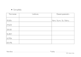 Nombre: ............................................................................................................................... Fecha: ..........................................
©Mª C.Tabarés/L.A.Rojo
• Completa:
Números Lectura Descomposición
15.504 1dm, 5um. 5c, 0d,4u
21.623
32430
54.857
45.904
65.496
 