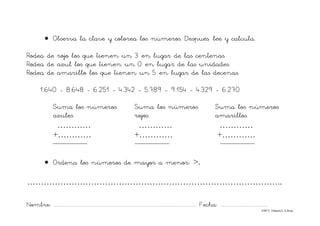 Nombre: ............................................................................................................................... Fecha: ..........................................
©Mª C.Tabarés/L.A.Rojo
• Observa la clave y colorea los números. Después, lee y calcula.
Rodea de rojo los que tienen un 3 en lugar de las centenas.
Rodea de azul los que tienen un 0 en lugar de las unidades.
Rodea de amarillo los que tienen un 5 en lugar de las decenas.
1.640 - 8.648 - 6.251 - 4.342 - 5.789 - 9.154 - 4.329 - 6.270
Suma los números Suma los números Suma los números
azules rojos amarillos
………… ………… …………
+………… +………… +…………
• Ordena los números de mayor a menor: >.
………………………………………………………………………………..
 