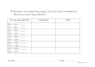 Nombre: ............................................................................................................................... Fecha: ..........................................
©Mª C.Tabarés/L.A.Rojo
• Recuerda: sumas distintas pueden tener el mismo resultado. Las
llamamos sumas “equivalentes”.
Sumas equivalentes Verdadero Falso
324 + 214 = …….
214 + 324 = …….
312 + 100 = ……
100 + 312 = ……
512 + 300 = …….
300 + 215 = …….
824 + 400 = …….
400 + 428 = ……
527 + 200 = …….
200 + 527 = ……..
 