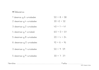 Nombre: ............................................................................................................................... Fecha: ..........................................
©Mª C.Tabarés/L.A.Rojo
• Relaciona:
1 decena y 6 unidades 50 + 8 = 58
2 decenas y 4 unidades 30 +2 = 32
3 decenas y 2 unidades 40 + 1 = 41
4 decenas y 1 unidad 60 + 0 = 61
5 decenas y 8 unidades 20 + 4 = 24
6 decenas y 0 unidades 10 + 6 = 16
3 decenas y 7 unidades 50 + 9 59
5 decenas y 9 unidades 30 + 7 37
 