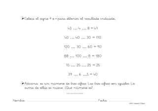 Nombre: ............................................................................................................................... Fecha: ..........................................
©Mª C.Tabarés/L.A.Rojo
¾Coloca el signo + o - para obtener el resultado indicado.
43 … 4 … 8 = 47
40 … 40 … 30 = 110
120 … 30 … 60 = 90
88 … 100 … 8 = 180
75 … 25 … 25 = 25
39 … 6 …5 = 40
¾Adivina: es un número de tres cifras. Las tres cifras son iguales. La
suma de ellas es nueve. ¿Qué número es?
…………..
 