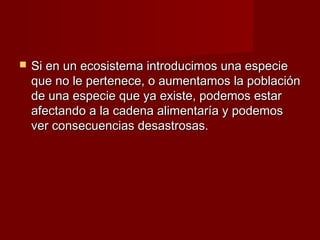    Si en un ecosistema introducimos una especie
    que no le pertenece, o aumentamos la población
    de una especie que ya existe, podemos estar
    afectando a la cadena alimentaría y podemos
    ver consecuencias desastrosas.
 