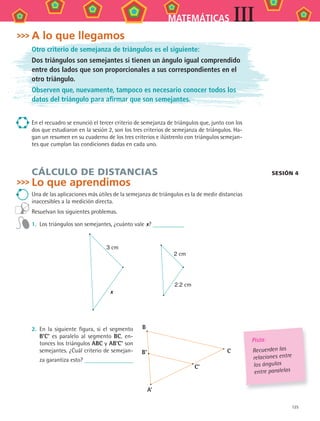 125
MATEMÁTICAS III
A lo que llegamos
Otro criterio de semejanza de triángulos es el siguiente:
Dos triángulos son semejantes si tienen un ángulo igual comprendido
entre dos lados que son proporcionales a sus correspondientes en el
otro triángulo.
Observen que, nuevamente, tampoco es necesario conocer todos los
datos del triángulo para afirmar que son semejantes.
En el recuadro se enunció el tercer criterio de semejanza de triángulos que, junto con los
dos que estudiaron en la sesión 2, son los tres criterios de semejanza de triángulos. Ha-
gan un resumen en su cuaderno de los tres criterios e ilústrenlo con triángulos semejan-
tes que cumplan las condiciones dadas en cada uno.
CÁLCULO DE DISTANCIAS
Lo que aprendimos
Una de las aplicaciones más útiles de la semejanza de triángulos es la de medir distancias
inaccesibles a la medición directa.
Resuelvan los siguientes problemas.
1. Los triángulos son semejantes, ¿cuánto vale x?
2 cm
2.2 cm
3 cm
x
2. En la siguiente figura, si el segmento
B’c’ es paralelo al segmento Bc, en-
tonces los triángulos aBc y aB’c’ son
semejantes. ¿Cuál criterio de semejan-
za garantiza esto?
Pista:
Recuerden las
relaciones entre
los ángulos
entre paralelas
B
c
c'
B'
a'
SESIóN 4
MAT3 B2 S11.indd 125 6/20/08 5:02:14 PM
 