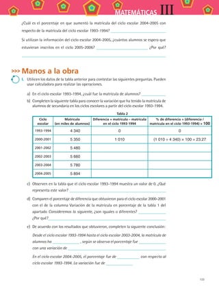 133
MATEMÁTICAS III
¿Cuál es el porcentaje en que aumentó la matrícula del ciclo escolar 2004-2005 con
respecto de la matrícula del ciclo escolar 1993-1994?
Si utilizan la información del ciclo escolar 2004-2005, ¿cuántos alumnos se espera que
estuvieran inscritos en el ciclo 2005-2006? ¿Por qué?
Manos a la obra
I.	 Utilicen los datos de la tabla anterior para contestar las siguientes preguntas. Pueden
usar calculadora para realizar las operaciones.
a)	 En el ciclo escolar 1993-1994, ¿cuál fue la matrícula de alumnos?
b)	 Completen la siguiente tabla para conocer la variación que ha tenido la matrícula de
alumnos de secundaria en los ciclos escolares a partir del ciclo escolar 1993-1994.
Tabla 2
Ciclo
escolar
Matrícula
(en miles de alumnos)
Diferencia = matrícula – matrícula
en el ciclo 1993-1994
% de diferencia = (diferencia /
matrícula en el ciclo 1993-1994) × 100
1993-1994 4 340 0 0
2000-2001 5 350 1 010 (1 010 ÷ 4 340) × 100 = 23.27
2001-2002 5 480
2002-2003 5 660
2003-2004 5 780
2004-2005 5 894
c)	 Observen en la tabla que el ciclo escolar 1993-1994 muestra un valor de 0. ¿Qué
representa este valor?
d)	 Comparen el porcentaje de diferencia que obtuvieron para el ciclo escolar 2000-2001
con el de la columna Variación de la matrícula en porcentaje de la tabla 1 del
apartado Consideremos lo siguiente, ¿son iguales o diferentes?
¿Por qué?
e)	 De acuerdo con los resultados que obtuvieron, completen la siguiente conclusión:
	 Desde el ciclo escolar 1993-1994 hasta el ciclo escolar 2003-2004, la matrícula de
alumnos ha , según se observa el porcentaje fue
con una variación de
	 En el ciclo escolar 2004-2005, el porcentaje fue de con respecto al
ciclo escolar 1993-1994. La variación fue de
MAT3 B2 S12.indd 133 6/20/08 5:02:45 PM
 