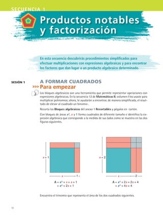 12
secuencia 1
En esta secuencia descubrirás procedimientos simplificados para
efectuar multiplicaciones con expresiones algebraicas y para encontrar
los factores que dan lugar a un producto algebraico determinado.
A FORMAR CUADRADOS
Para empezar
Los	bloques	algebraicos	son	una	herramienta	que	permite	representar	operaciones	con	
expresiones	algebraicas.	En	la	secuencia	12	de	Matemáticas ii,	volumen	I	los	usaste	para	
multiplicar	polinomios;	ahora,	te	ayudarán	a	encontrar,	de	manera	simplificada,	el	resul-
tado	de	elevar	al	cuadrado	un	binomio	.	
Recorta	los	Bloques algebraicos	del	anexo	1	Recortables	y	pégalos	en		cartón.	
Con	bloques	de	áreas	x2,	x	y	1	forma	cuadrados	de	diferente	tamaño	e	identifica	la	ex-
presión	algebraica	que	corresponde	a	la	medida	de	sus	lados	como	se	muestra	en	las	dos	
figuras	siguientes.
SESión 1
Productos notables
y factorización
x + 1
x 1
a = x2 + x + x + 1
= x2 + 2x + 1
x + 2
x 2
a = x2 + 2x + 2x + 4
= x2 + 4x + 4
Encuentra	el	trinomio	que	representa	el	área	de	los	dos	cuadrados	siguientes.
MAT3 B1 S01.indd 12 6/20/08 4:57:05 PM
 