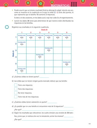 149
MATEMÁTICAS III
•	 Puede ocurrir que un mismo resultado (tiro) se obtenga (o salga)  más de una vez,
como se muestra en la cuadricula en la que la celda (3, 4) tiene dos puntos, lo
que representa que la botella 16 contiene 2 impurezas.
Es decir, en dos ocasiones, en los dados azul y rojo han caído 3 y 4 respectivamente.
•	 Lancen los dados 36 veces para determinar de qué manera están distribuidas las
impurezas en las botellas.
Registren sus resultados en la siguiente cuadricula.
Dado B
1 2 3 4 5 6
DadoA
1
Resultado posible
1, 1
Botella
1
Resultado posible
1, 2
Botella
2
Resultado posible
1, 3
Botella
3
Resultado posible
1, 4
Botella
4
Resultado posible
1, 5
Botella
5
Resultado posible
1, 6
Botella
6
2
Resultado posible
2, 1
Botella
7
3
Resultado posible
3, 4
Botella
16
4
Resultado posible
4, 3
Botella
21
5
Resultado posible
5, 6
Botella
30
6
Resultado posible
6, 5
Botella
31
a)	 ¿Cuántas celdas no tienen punto?
b)	 Las celdas que no tienen ningún punto marcado indican que esa botella:
  Tiene una impureza.
  Tiene dos impurezas.
  No tiene impureza.
  Tiene más de tres impurezas.
c)	 ¿Cuántas celdas tienen solamente un punto?
d)	 ¿Es posible que en una botella se encuentren más de 5 impurezas?
¿Por qué?
e)	 Según los resultados que obtuvieron, los cuales simulan una revisión de 36 bote-
llas, ¿crees que, si realizas otra vez la simulación, serían los mismos?
¿Por qué?
MAT3 B2 S13.indd 149 6/20/08 5:03:23 PM
 
